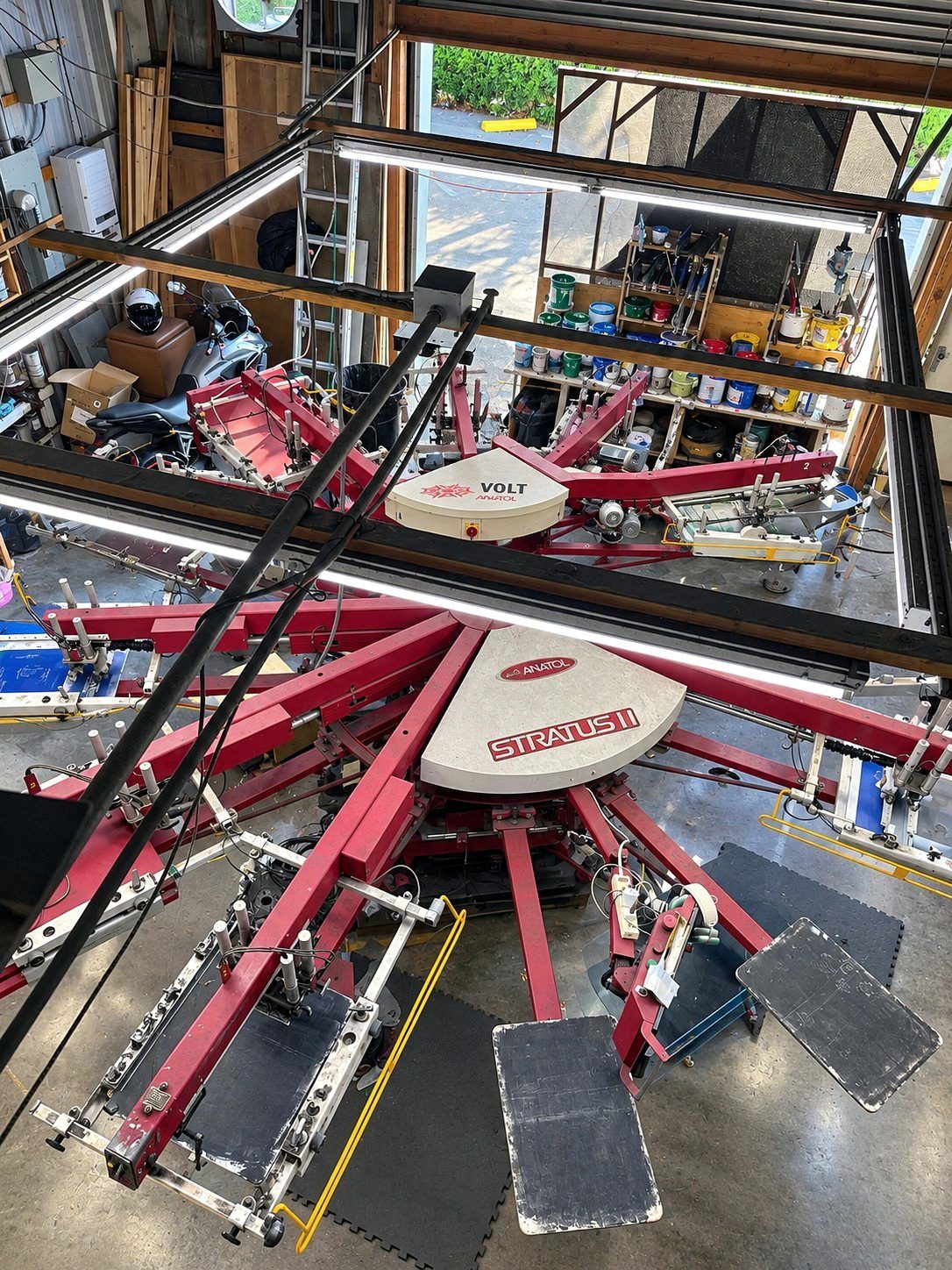 Overhead view of the Stratus II and Volt side by side in the shop